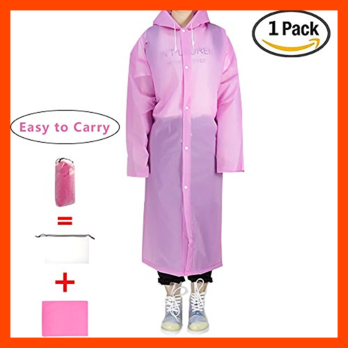 EVA Portable Raincoat Reusable Rain Poncho W Hoods & Sleeve PINK 1Pack One Size