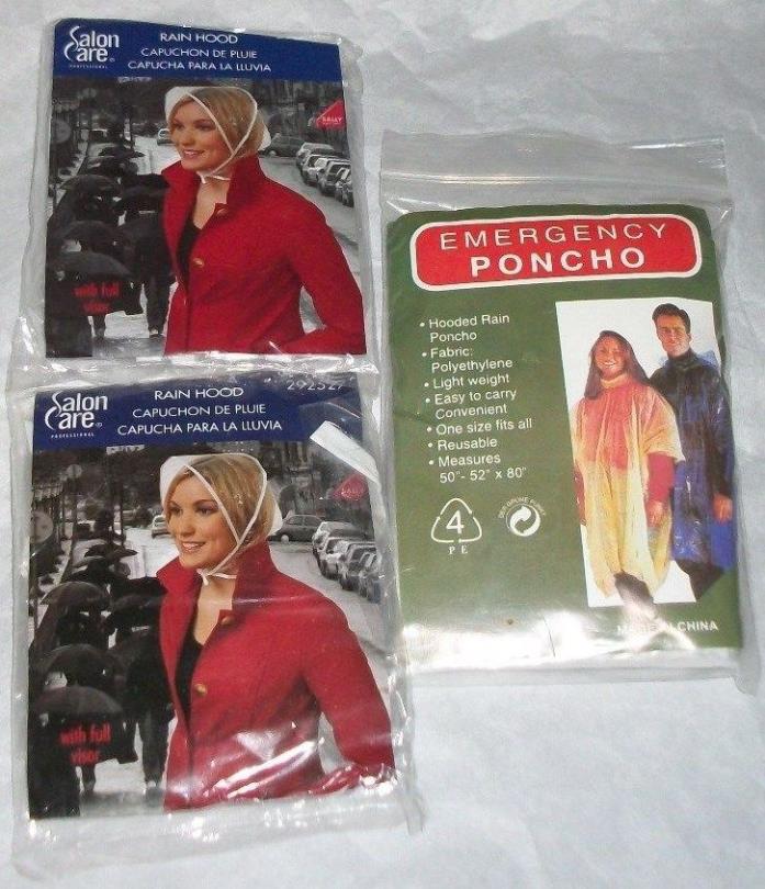 NIP 2 Vtg Salon Care Rain Hoods & 1 Emergency Hooded Poncho Car Purse Pkg Size