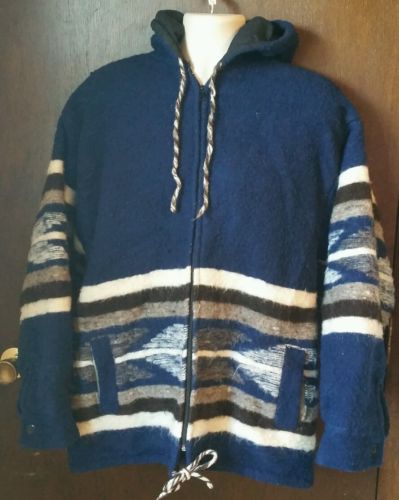 Southwestern Indian Arrow Blanket Coat Blue Stripped Wool Sz L Zip Up Guatemala