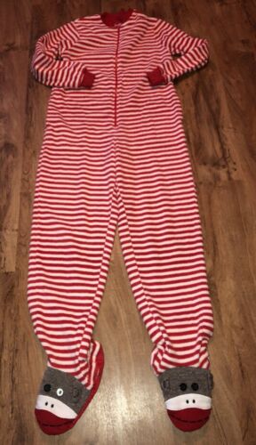 NICK AND NORA Christmas ONE PIECE FOOTED STRIPED SOCK MONKEY PAJAMAS SIZE SMALL