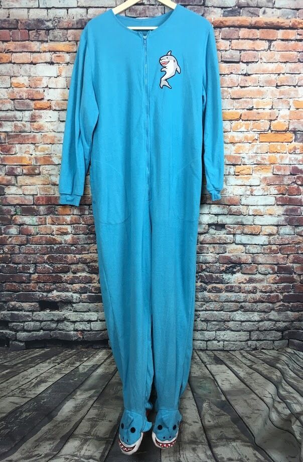 (B1-12) Nick & Nora Blue Shark Footed Pajamas Costume Zipper Front Sz XL