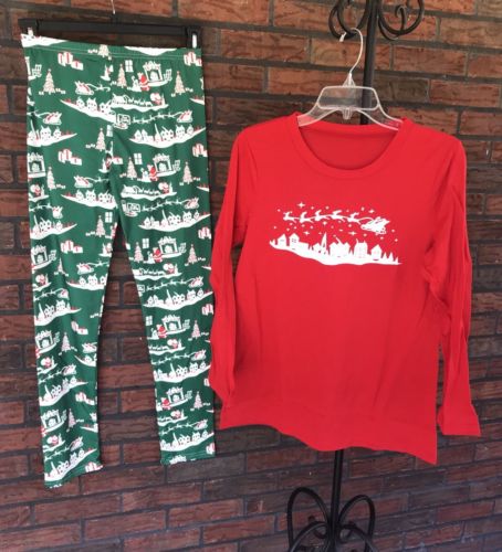 Christmas Pajamas Size Medium Adult Man Woman Red Green Sleigh Santa Sleepwear