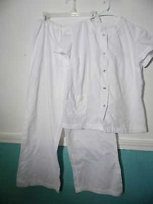 Vintage Handmade Pant Suit  Pajama Set Jacket White Size Medium Cotton