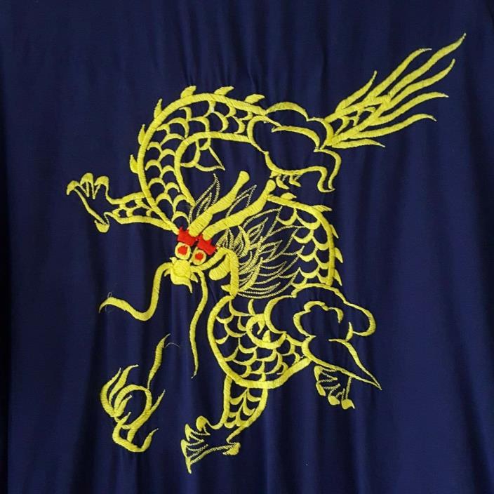 Dragon Embroidered Robe Open Front Kimono Sleeve Front Pocket Blue Yellow Unisex