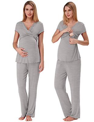 Pregnancy Clothing for Women Soft Nursing Pajama Set with Bottoms Grey M ZE45-2