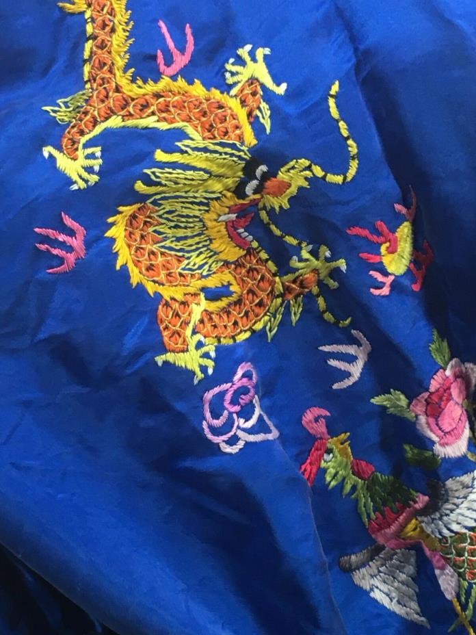 Vintage Royal Blue Silk Golden Dragin Robe L embroidered tie at waist rooster