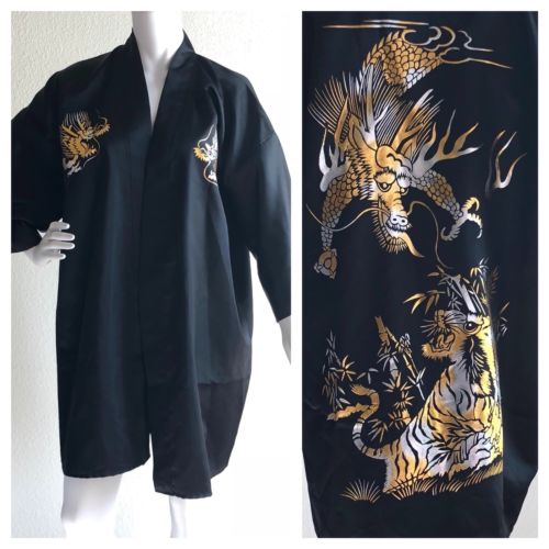 NWOT Black Shiny Kimono Cover Up Robe Metallic Tiger Dragon Print One Size Japan