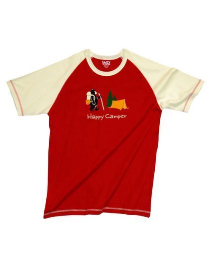 Lazy One Unisex Sleep Tee Shirt Happy Camper Bear Tent Camping Red Beige Small