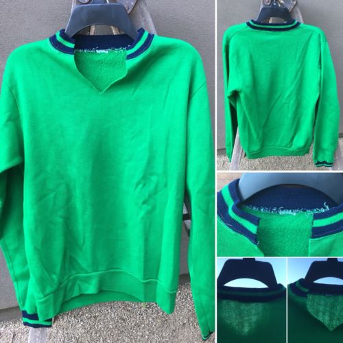 Vintage Sweatshirt Kelly Green With Navy Blue Striped Neck & Sleeves Ends XS S