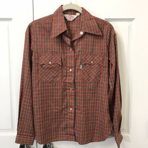 Vintage 70's Ski Levi's Kids Western Pearl Snap Shirt Size 11/12 Red Green