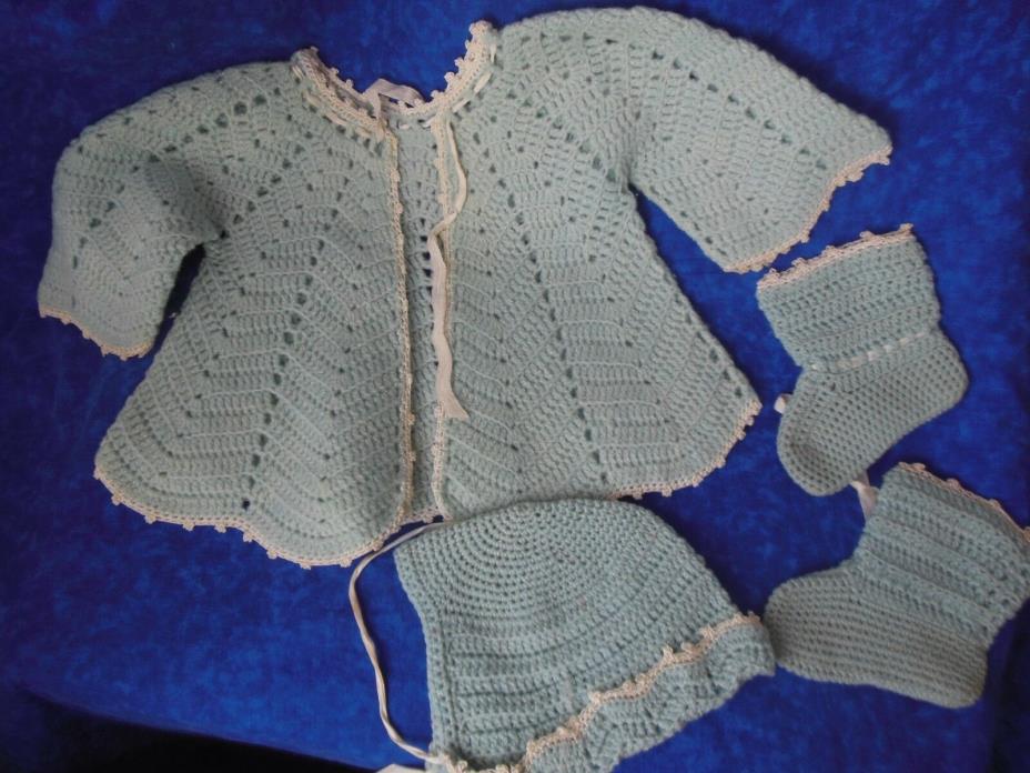 Vintage Crocheted? Baby Booties & Sweater & Bonnet Blue Set Wool?