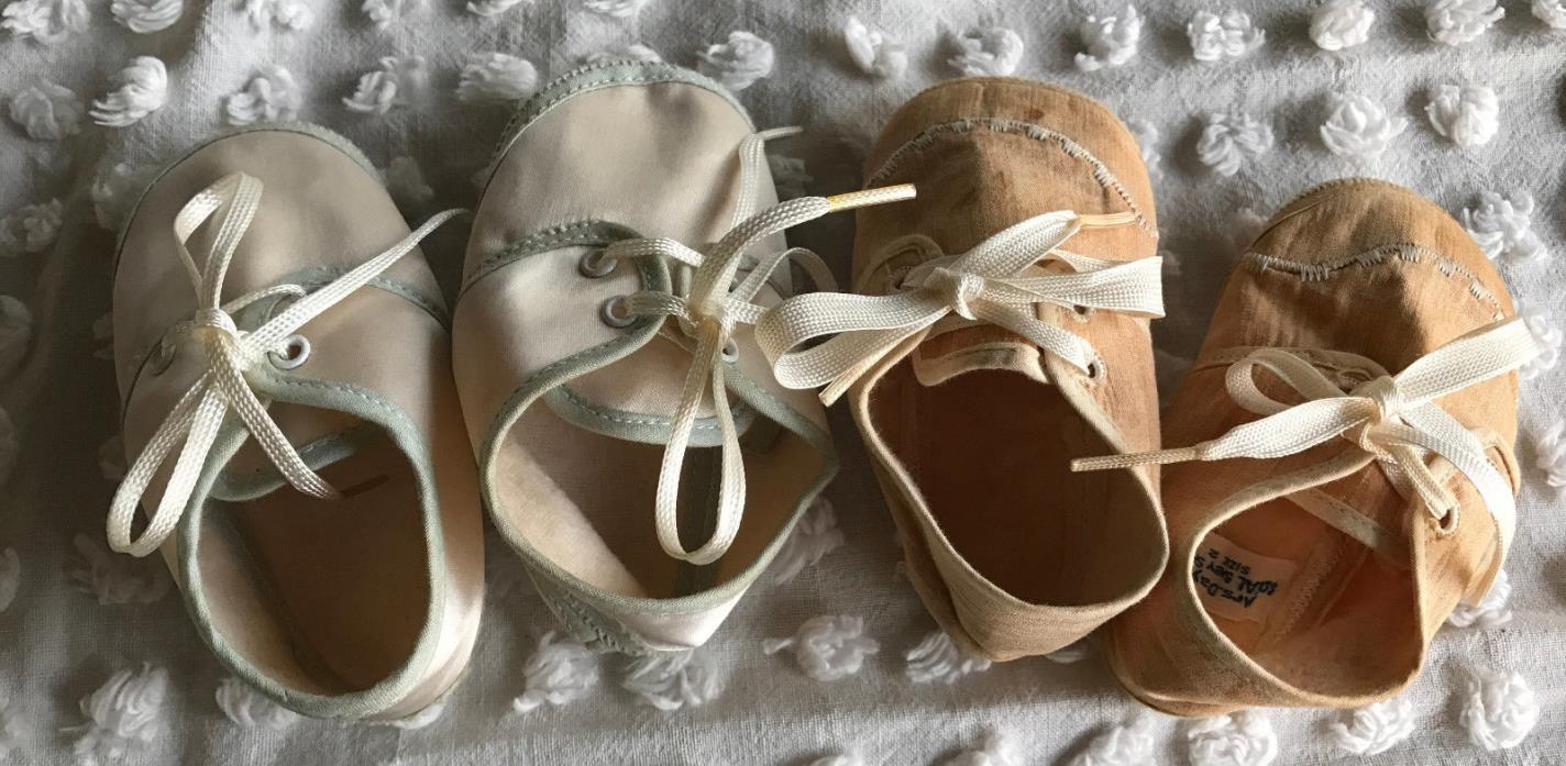 2 Pairs Vintage Baby / Doll Shoes Beige Mrs Days Ideal and White Satin Blue 4