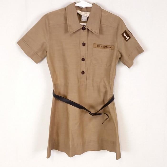 VTG Girl Scout Kids sz 6 Brown Uniform Dress Side Zip Belt Button Front