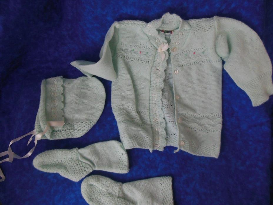 Vintage Baby Booties & Sweater & Bonnet Light Green  Set  Heidi 100% Acrylic