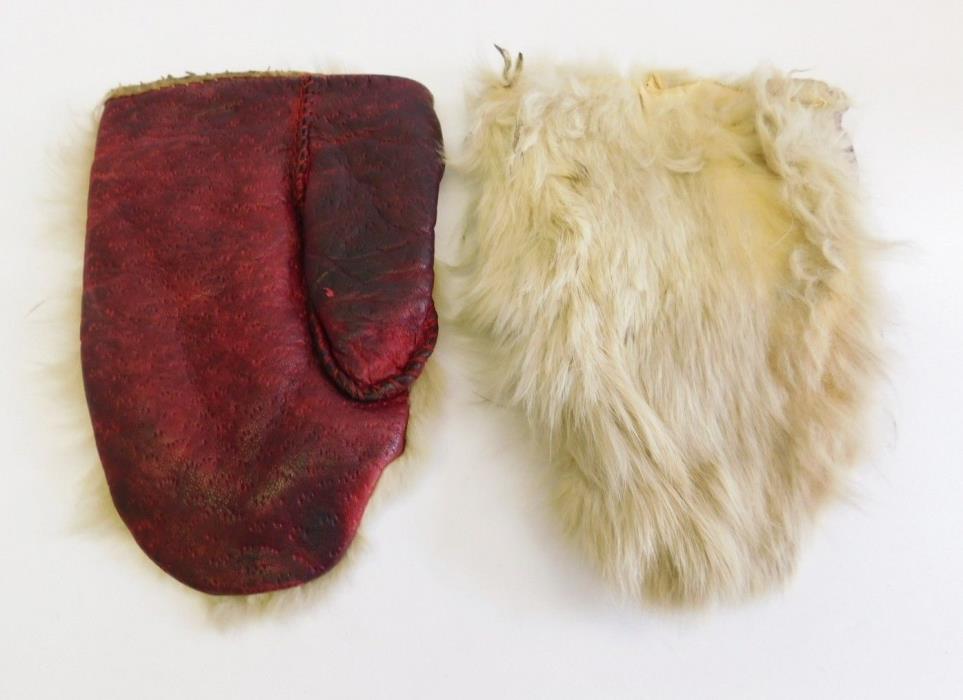 Antique Victorian Kids Child Children Winter Leather Fur Mittens Gloves RARE OLD