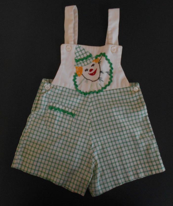 Vintage handmade baby toddler overalls romper clown green white