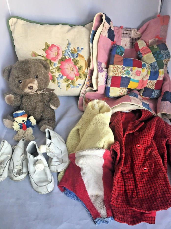 LOT vintage baby clothes, dolls, shoes, quilt, pillow, Kid Bits by Crompton coat