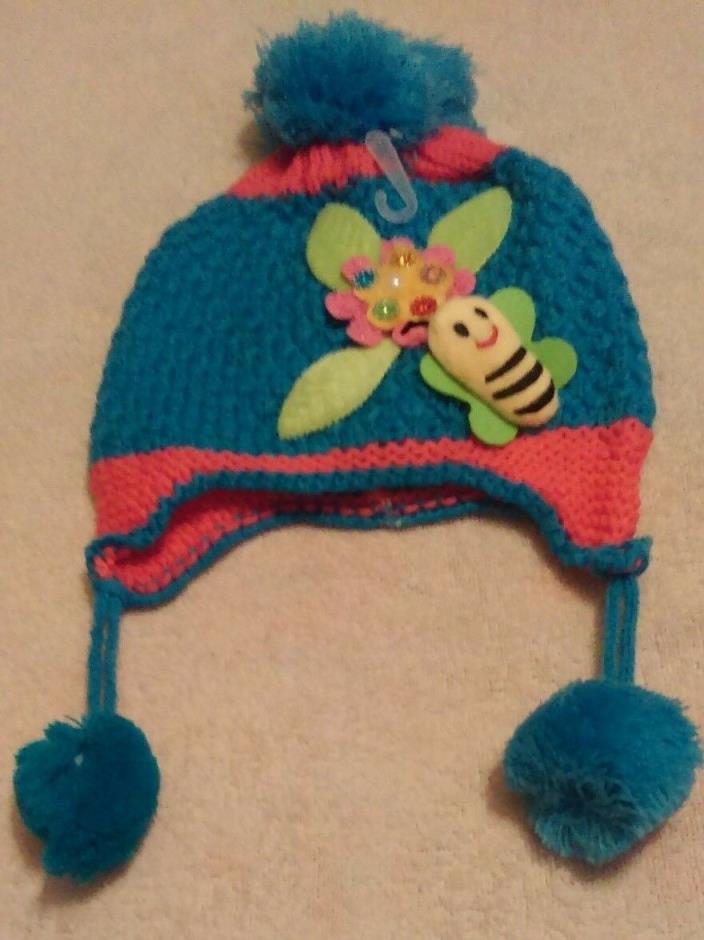 Crocheted Baby Hat-Blue & Pink-Pom-Pom at Top And On Sides Of Hat