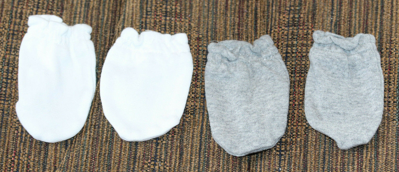 *NEWBORN BABY HAND COVERS/MITTENS-ONE GRAY PAIR-ONE WHITE PAIR-EXCELLENT