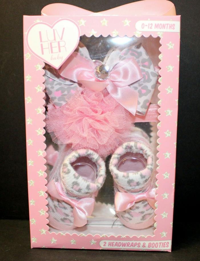 HER Fancy Headwraps and Booties Set Pink Animal Print Size 0-12M