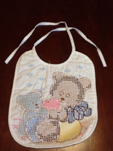 Baby Bib White Teddy Bear Hand Embroidered Bucilla 64072 Sweetheart Completed