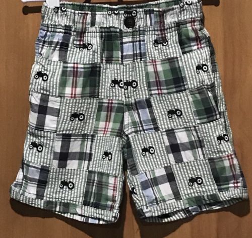 Gymboree Toddler Boy’s 2T Shorts Elastic Waist Green Patchwork Black Tractors