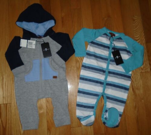 7 For All Mankind LOT 2 Baby Boys Romper Coverall Hoodie Toddler 3M 6M NWT