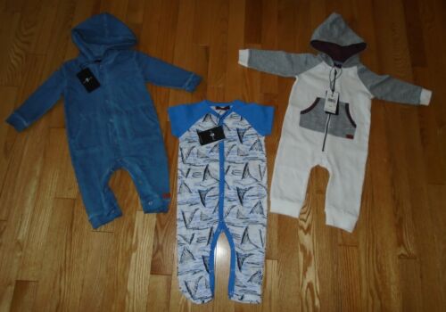 7 For All Mankind LOT 3 Baby Boys Romper Coverall Hoodie Toddler 6M 9M NWT