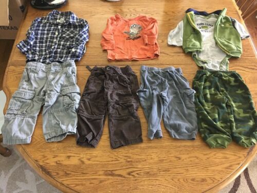 Very Good Condition Boys 12 Mth  Long Sleeve Outfits Lot Of 8 Plaid, Camo & Dino