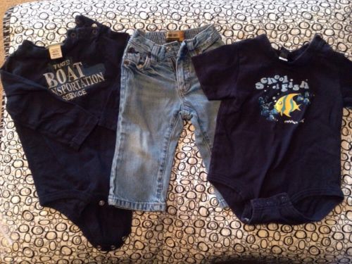 Baby Boy 12-18 Months Lot Bluejeans & 2 Bodysuits Long & Short Sleeve Navy Fish