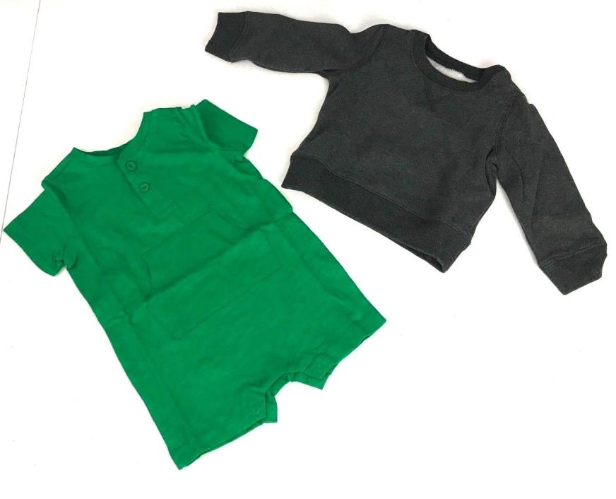 Lot of 2 Primary Boys 6-12 mos Short Sleeve Green Romper and Gray Sweatshirt NWT