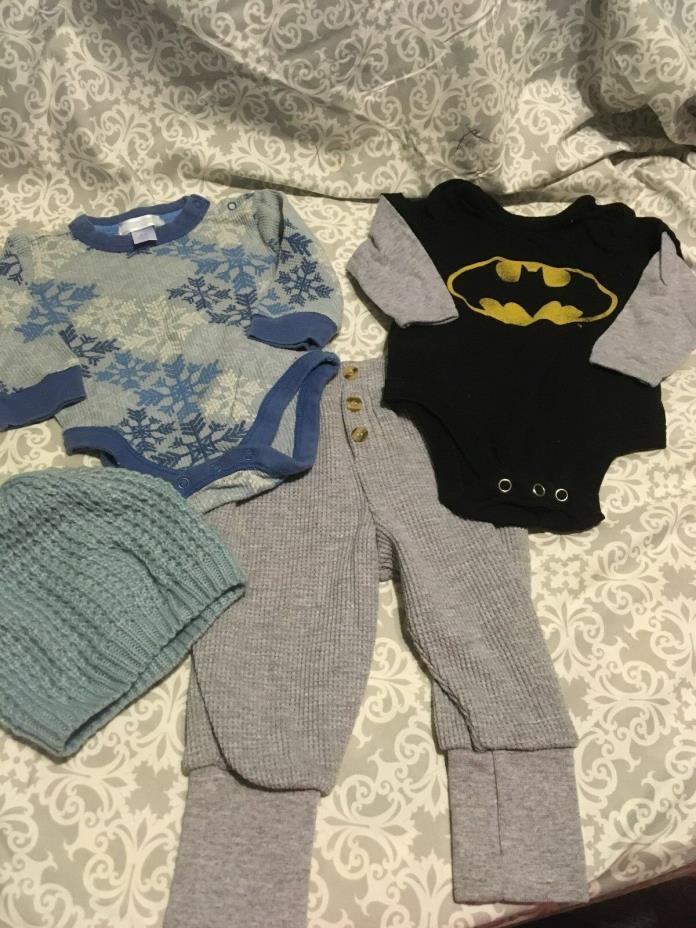 Baby Clothes Lot 158- Gray Thermal Pants, snowflake and Batman one pc-3-6 months