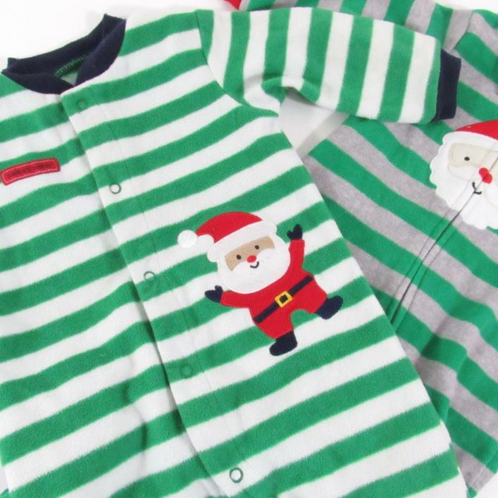 Baby Boy Christmas Footed Pajamas 3-6 Months Santa Claus Green Striped Lot of 2