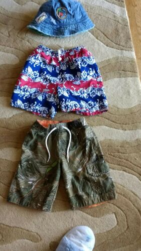 lot of 2 swim shorts for toddler boy3-4 years plus hat gap and pine peak blues