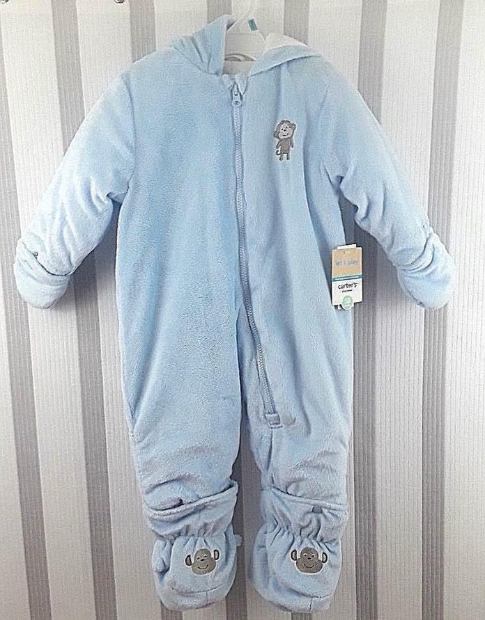Carters Pram Suit Boy Outerwear Winter Hooded Footed Blue Baby Infant Sz 18 mos