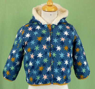 262 Hanna Andersson boy hood jacket long sleeve faux fur lining stars EUC 2