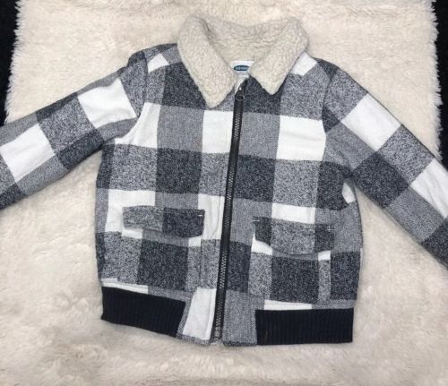 Old Navy Toddler Boy Gray-White Plaids Full-Zip Sherpa Lined Jacket Outerwear 4T