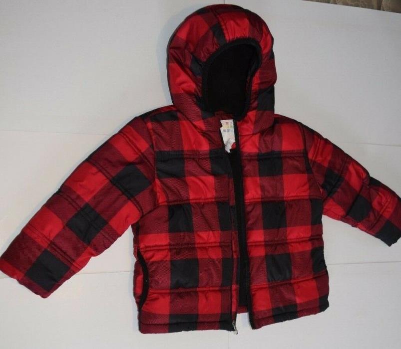 Toddler Boys Buffalo Plaid Coat Winter Jacket Red Black Hoodie Size 3 T Repair