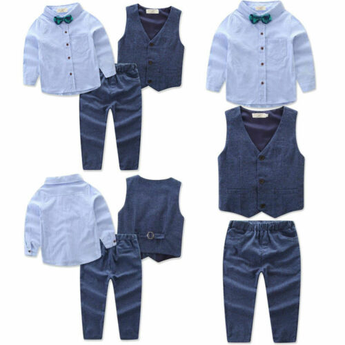 Cool Gentleman Toddler Kids Boy Cotton Bow-Tie Waistcoat T-shirt Pants Suit Sets