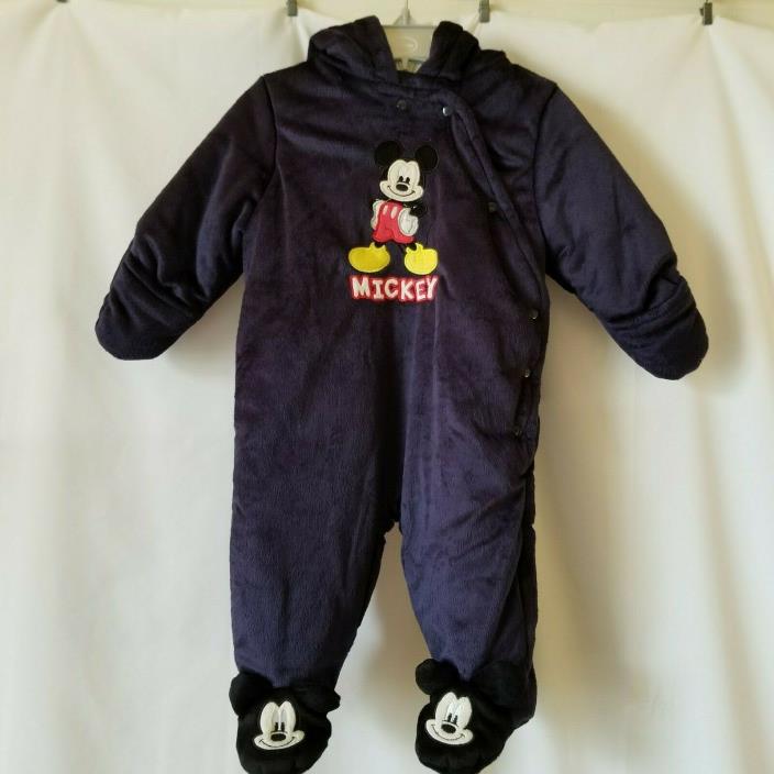 Disney Baby Mickey Mouse Snowsuit Pram 3 - 6 Months Footed Navy Blue Velour Hood