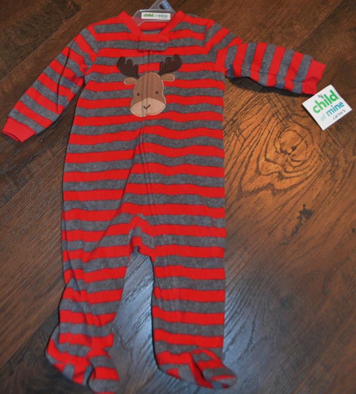 Child Of Mine Carters Footed Sleeper Christmas Deer Red Gray Stripe NEW