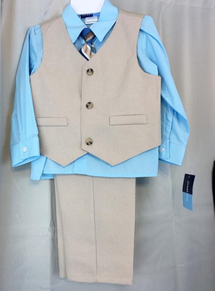 Boys 4 pc outfit khaki vest blue shirt size 4T flat front pant & strilped tie