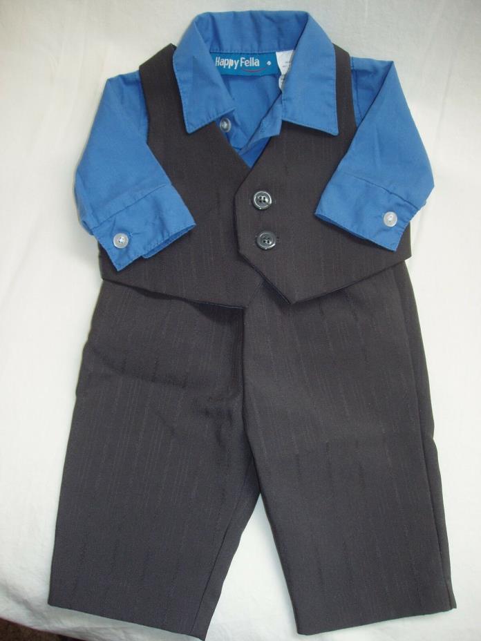 Happy Fella 3-piece Suit Baby Boy 3-6 mos Blue Shirt Charcoal Gray Vest & Pants