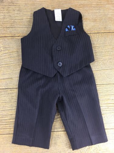 Baby Size 6-9 Months Boys Vest Pants Set Suit Outfit Brown Blue Pinstriped