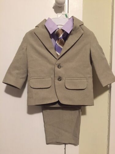 Khaki Suit With Lavender Dress Shirt/Matching Tie 4-piece Infant Boys Size 18 M