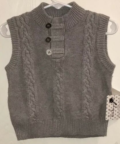 Baby Boy’s NWT Gray Sweater Vest 6-12M Cable Knit Brass Buttons/Loop Crew Neck