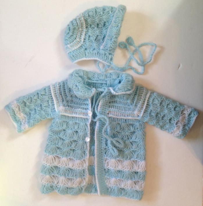 Vintage baby boy size 6-12 mo. hand knitted open sweater and hat white/blue