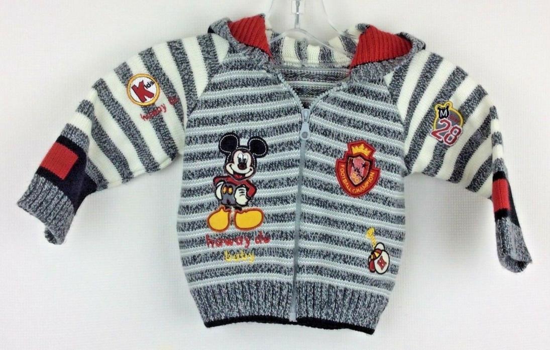 Mickey Mouse Toddler Boys Size 1 Hoodie Sweater Zipper Gray Striped Embroidered
