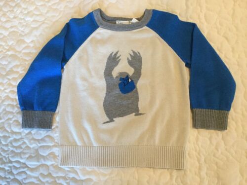 The Childrens Place Cotton Sweater, Cream Gray & Blue With Snowmonster, Size 3T
