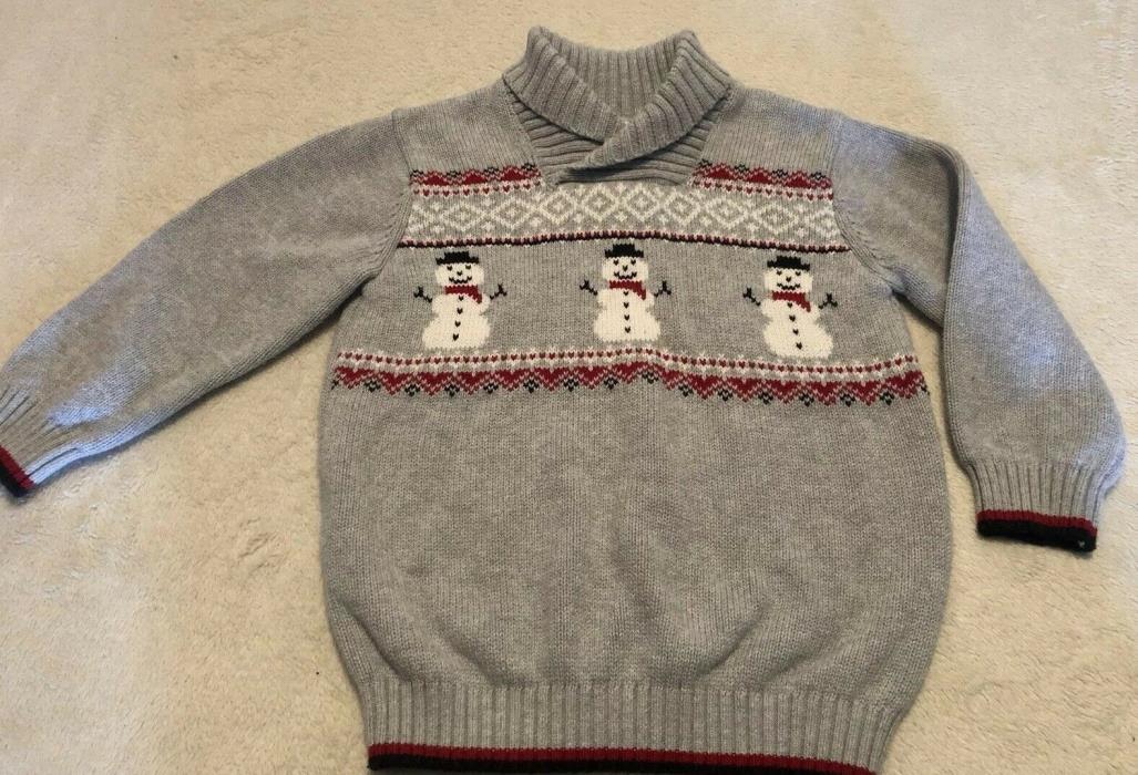 New GYMBOREE Boys Gray Shawl Collar Snowman Long Sleeve Sweater Cotton Size 4T